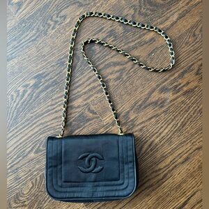 Chanel Vintage Coco Mark Black Satin Shoulder Bag with Gold Leather Chain